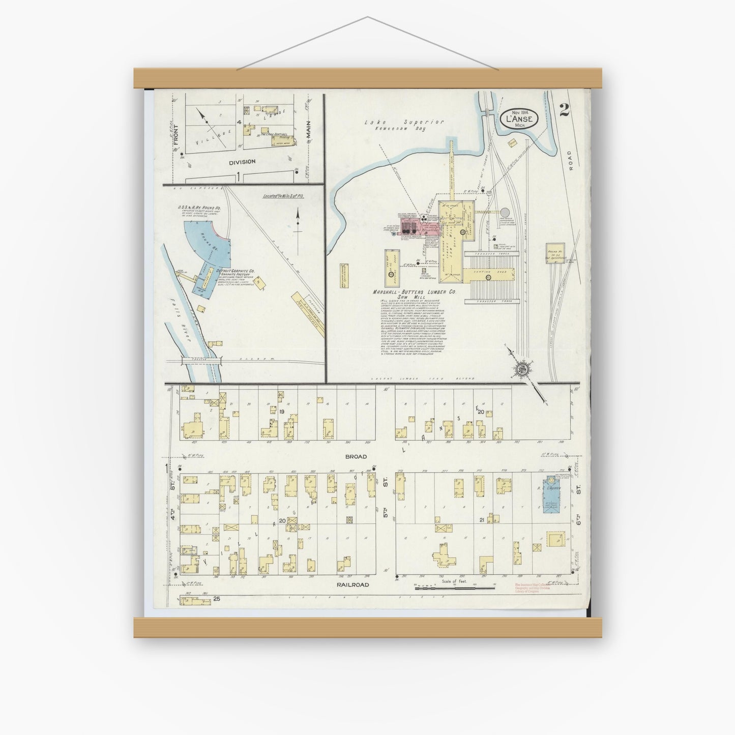 Old map wall art mockup — magnetic wood frame on white wall — Sanborn Fire Insurance Map from L'Anse, Baraga County, Michigan (1914), Sheet #0002