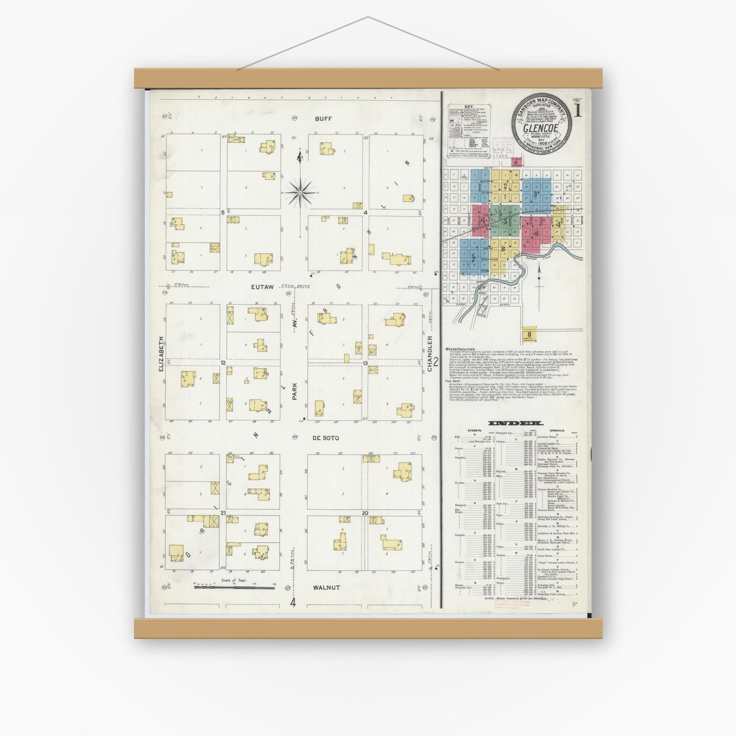 Old map wall art mockup — magnetic wood frame on white wall — Sanborn Fire Insurance Map from Glencoe, Mcleod County, Minnesota (1908), Sheet #0001