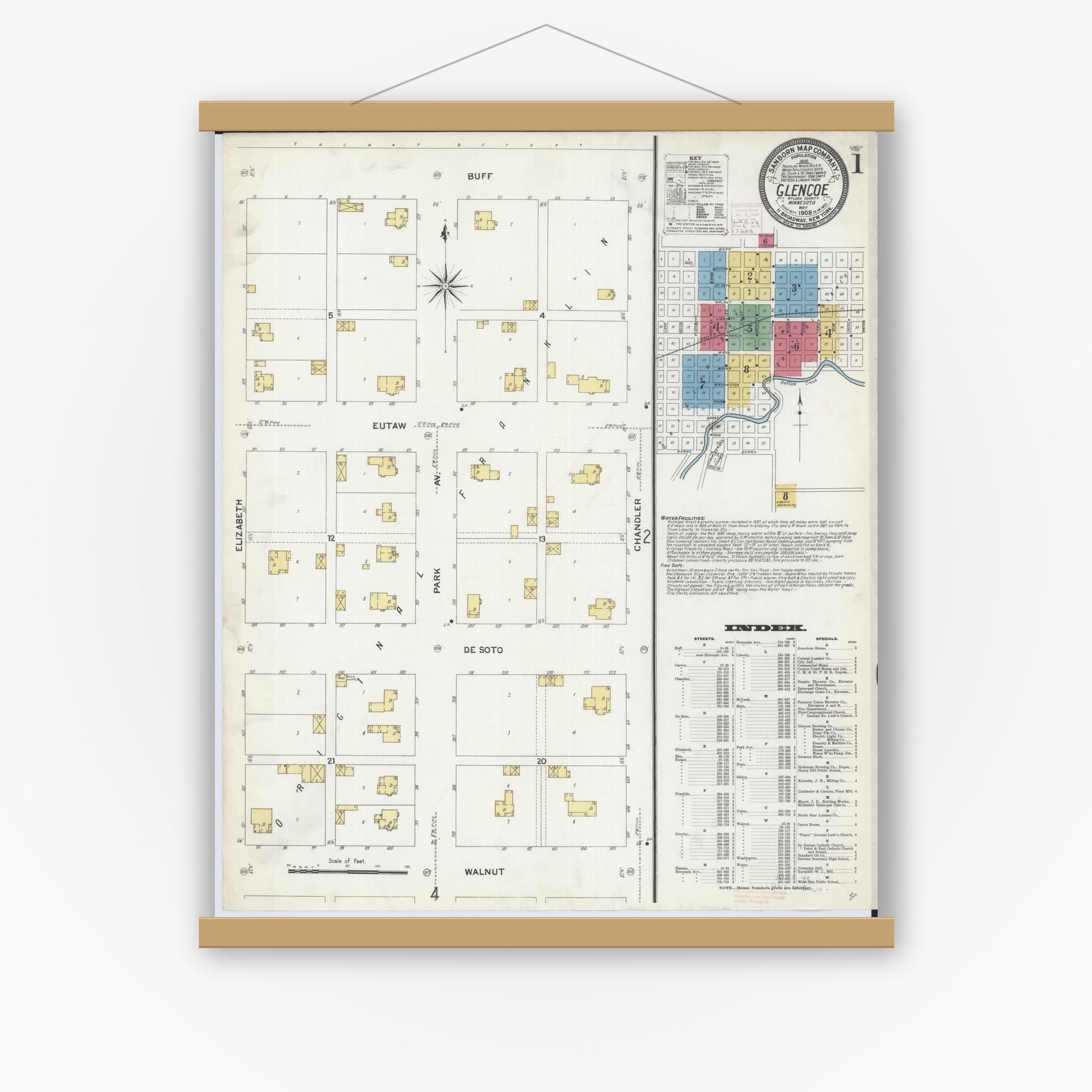 Old map wall art mockup — magnetic wood frame on white wall — Sanborn Fire Insurance Map from Glencoe, Mcleod County, Minnesota (1908), Sheet #0001