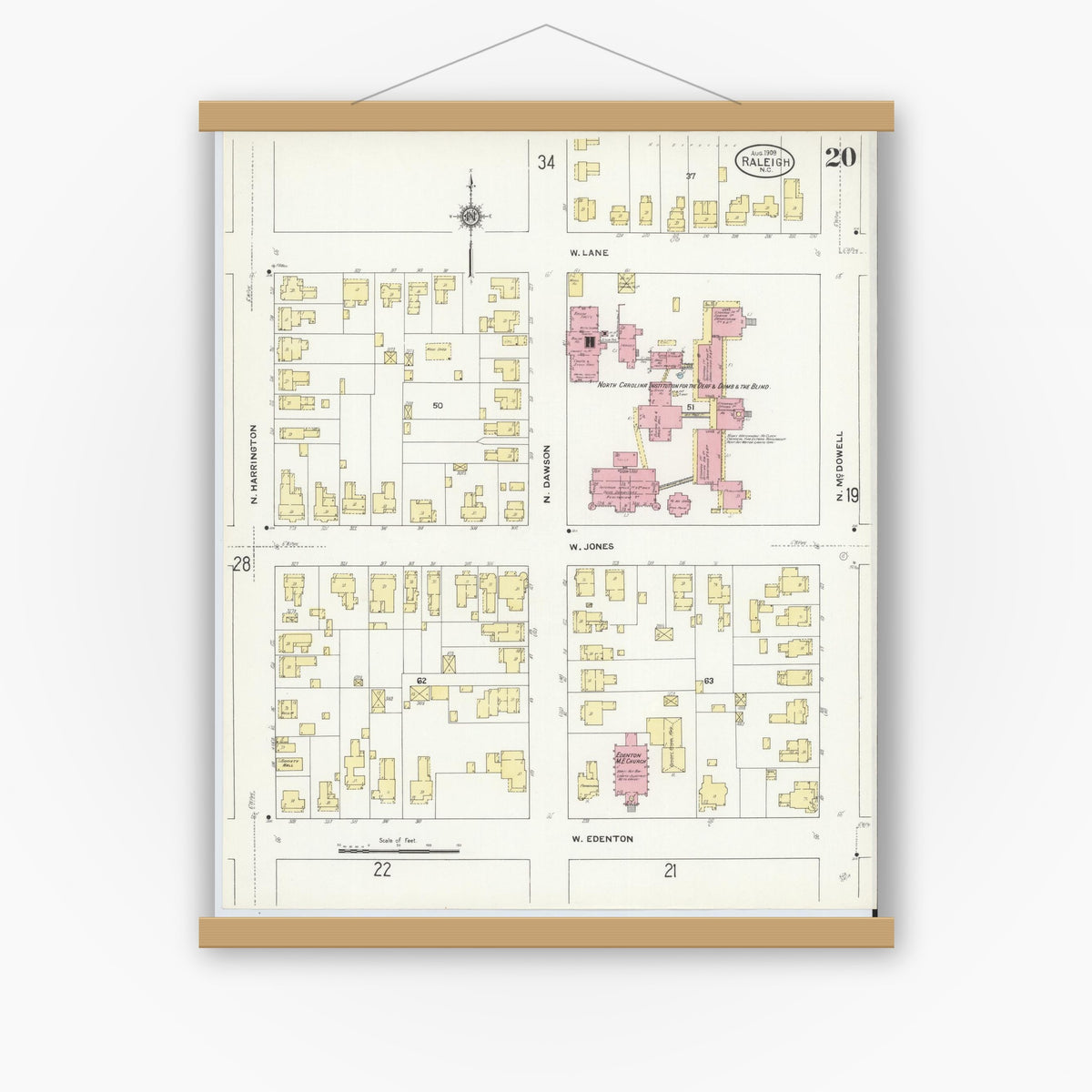 Old map wall art mockup — magnetic wood frame on white wall — Sanborn Fire Insurance Map from Raleigh, Wake County, North Carolina (1909), Sheet #0020