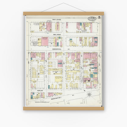 Old map wall art mockup — magnetic wood frame on white wall — Sanborn Fire Insurance Map from Cairo, Alexander County, Illinois (1891), Sheet #0005