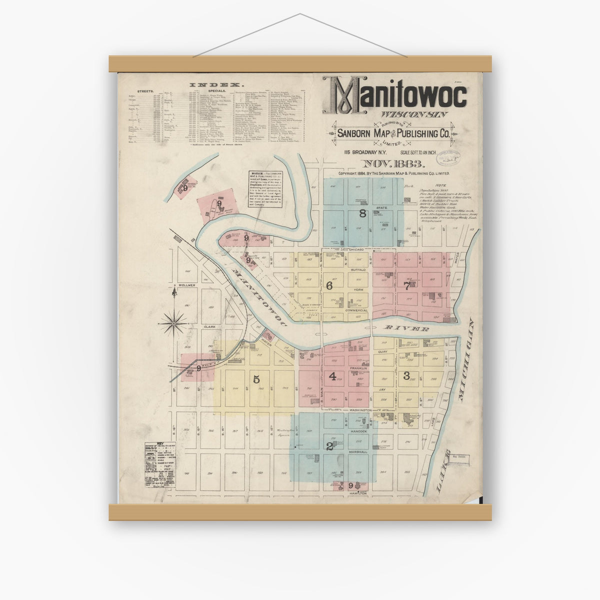 Old map wall art mockup — magnetic wood frame on white wall — Sanborn Fire Insurance Map from Manitowoc, Manitowoc County, Wisconsin (1883) - Complete Map Set