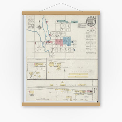 Old map wall art mockup — magnetic wood frame on white wall — Sanborn Fire Insurance Map from Carson City, Montcalm County, Michigan (1894), Sheet #0001