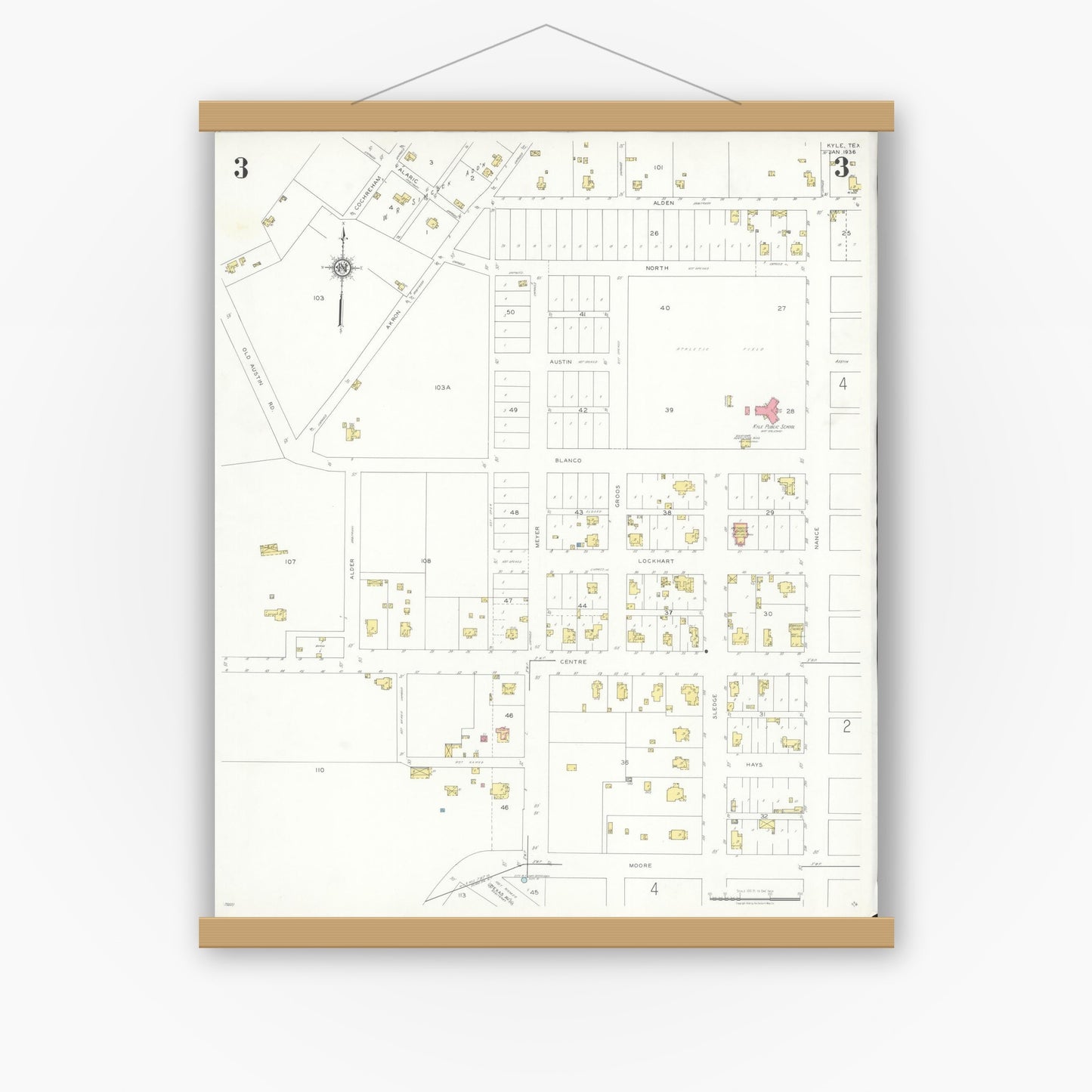 Old map wall art mockup — magnetic wood frame on white wall — Sanborn Fire Insurance Map from Kyle, Hays County, Texas (1936), Sheet #0003