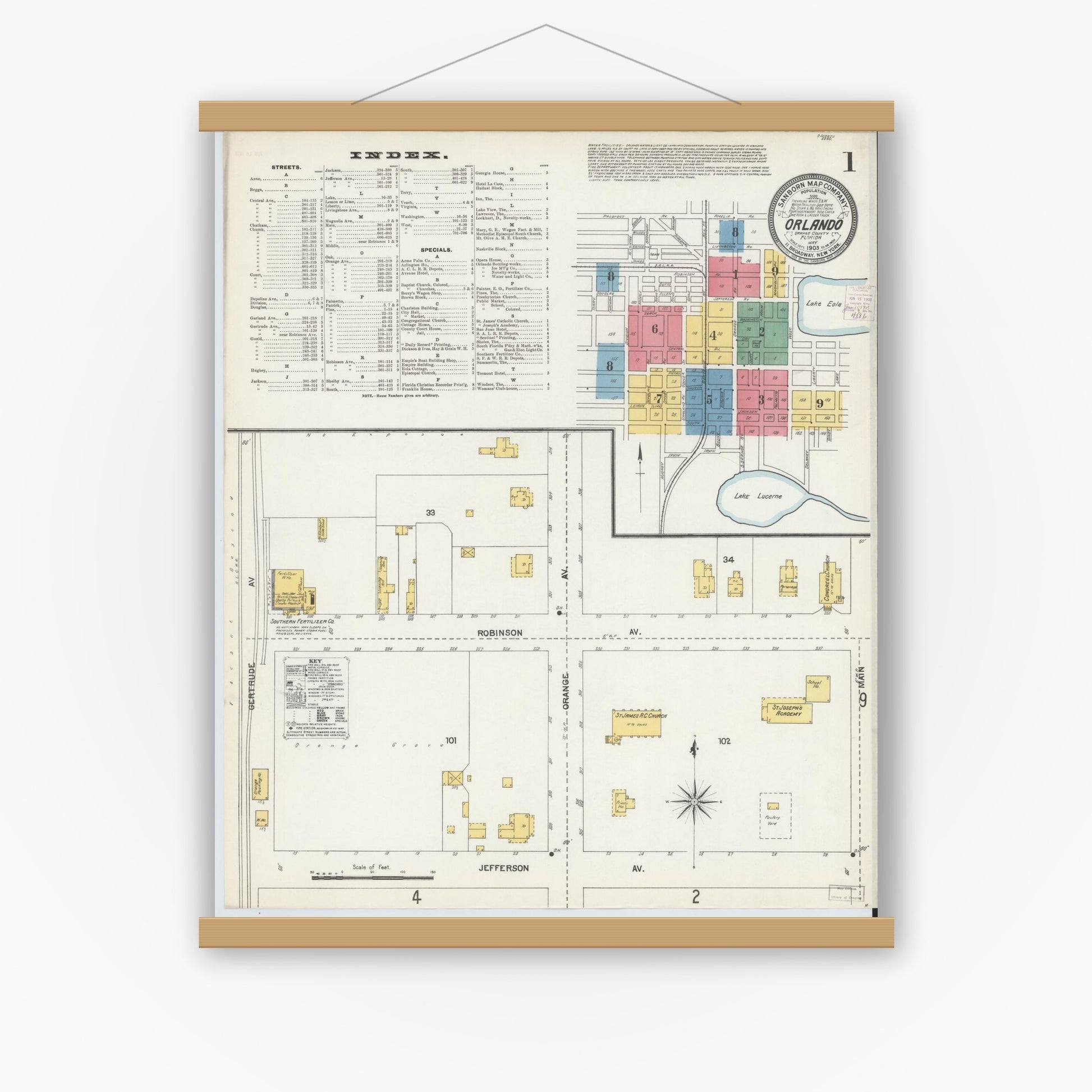 Old map wall art mockup — magnetic wood frame on white wall — Sanborn Fire Insurance Map from Orlando, Orange County, Florida (1903), Sheet #0001