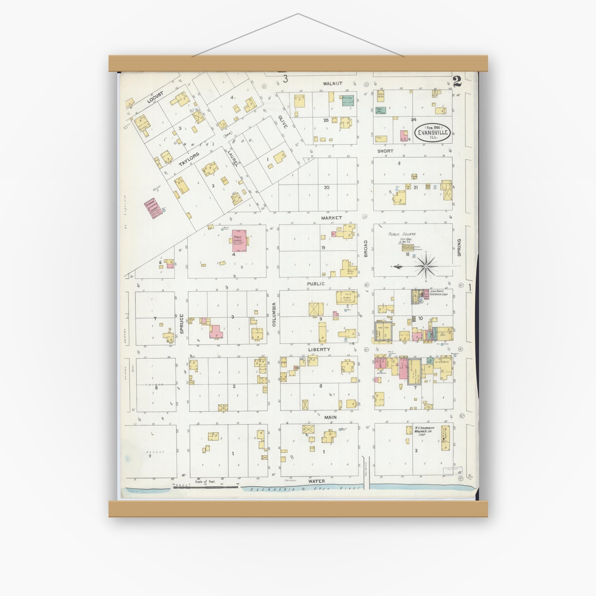 Old map wall art mockup — magnetic wood frame on white wall — Sanborn Fire Insurance Map from Evansville, Randolph County, Illinois (1906), Sheet #0002