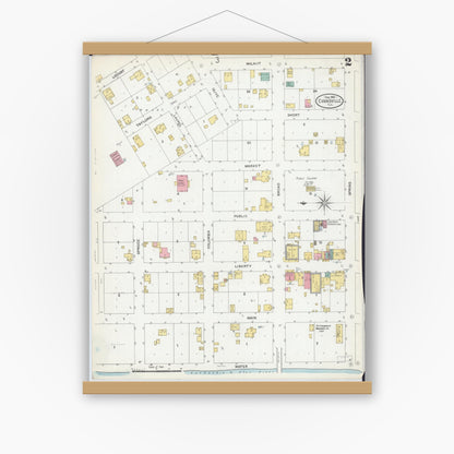 Old map wall art mockup — magnetic wood frame on white wall — Sanborn Fire Insurance Map from Evansville, Randolph County, Illinois (1906), Sheet #0002