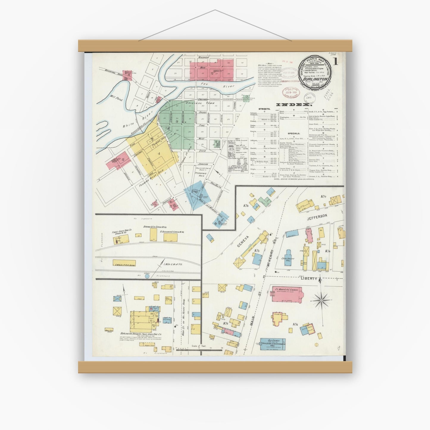 Old map wall art mockup — magnetic wood frame on white wall — Sanborn Fire Insurance Map from Burlington, Racine County, Wisconsin (1898) - Complete Map Set