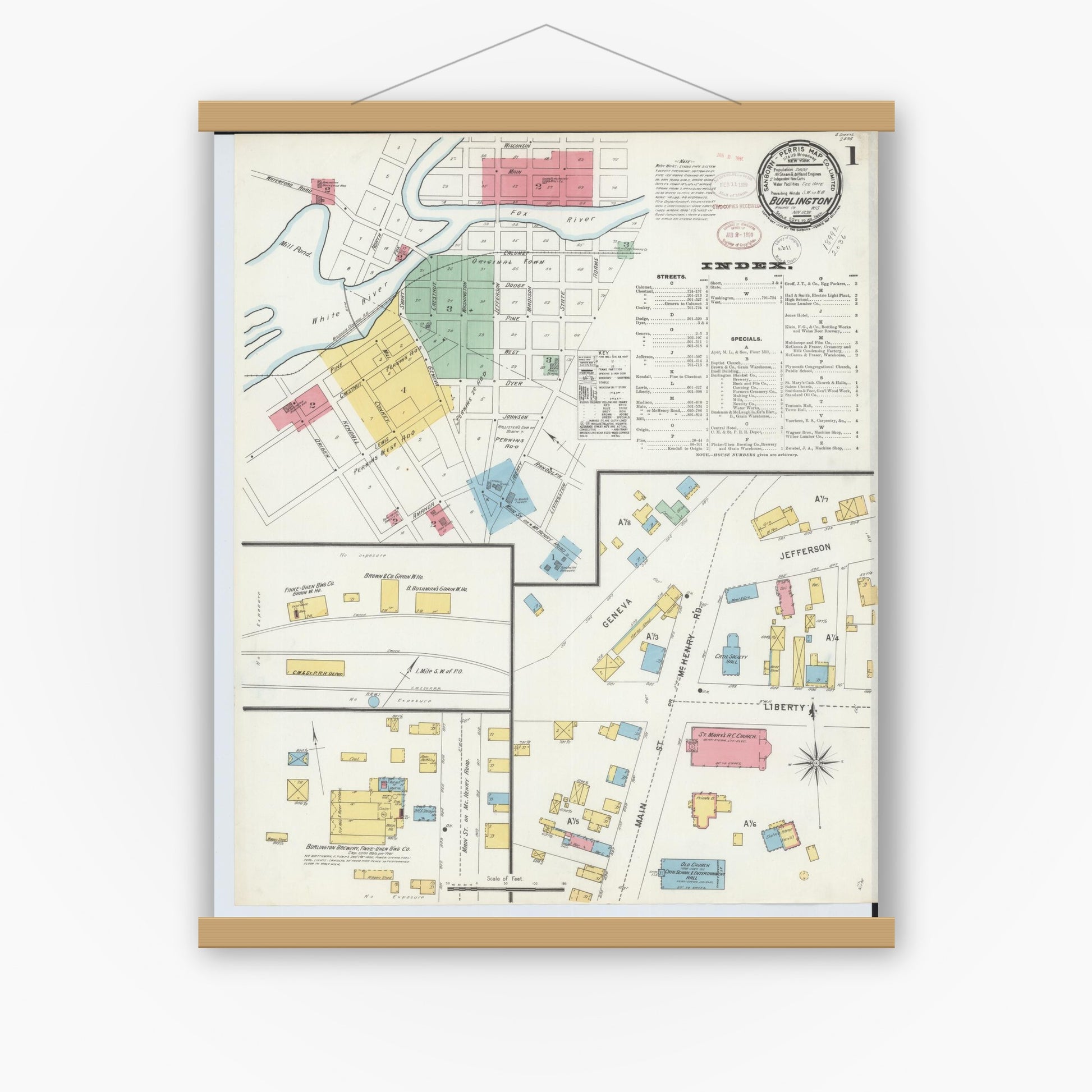 Old map wall art mockup — magnetic wood frame on white wall — Sanborn Fire Insurance Map from Burlington, Racine County, Wisconsin (1898) - Complete Map Set
