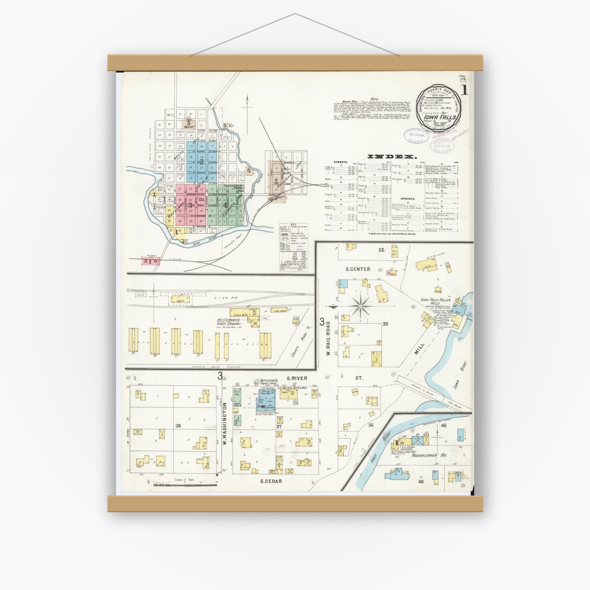 Old map wall art mockup — magnetic wood frame on white wall — Sanborn Fire Insurance Map from Iowa Falls, Hardin County, Iowa (1897) â€” Complete Set