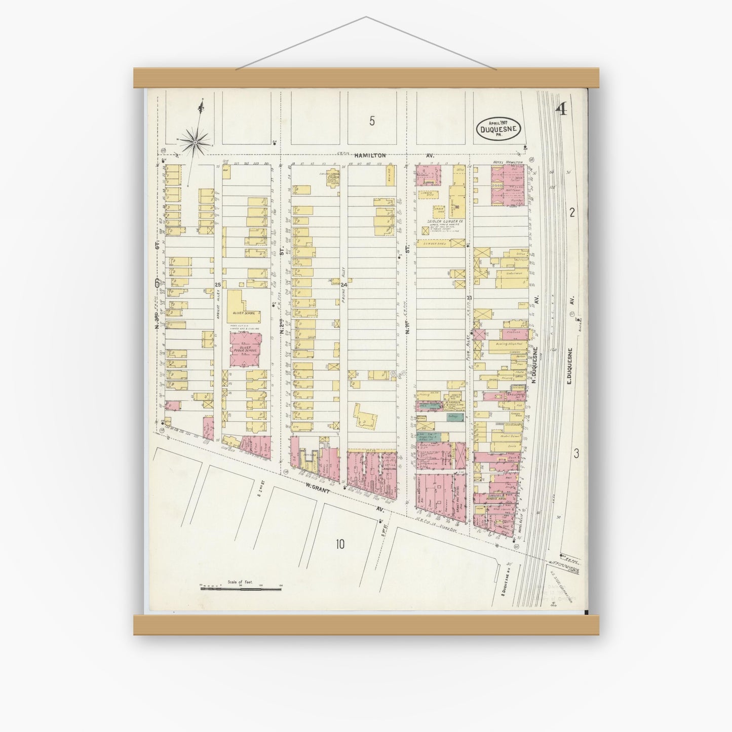 Old map wall art mockup — magnetic wood frame on white wall — Sanborn Fire Insurance Map from Duquesne, Allegheny County, Pennsylvania (1907), Sheet #0004