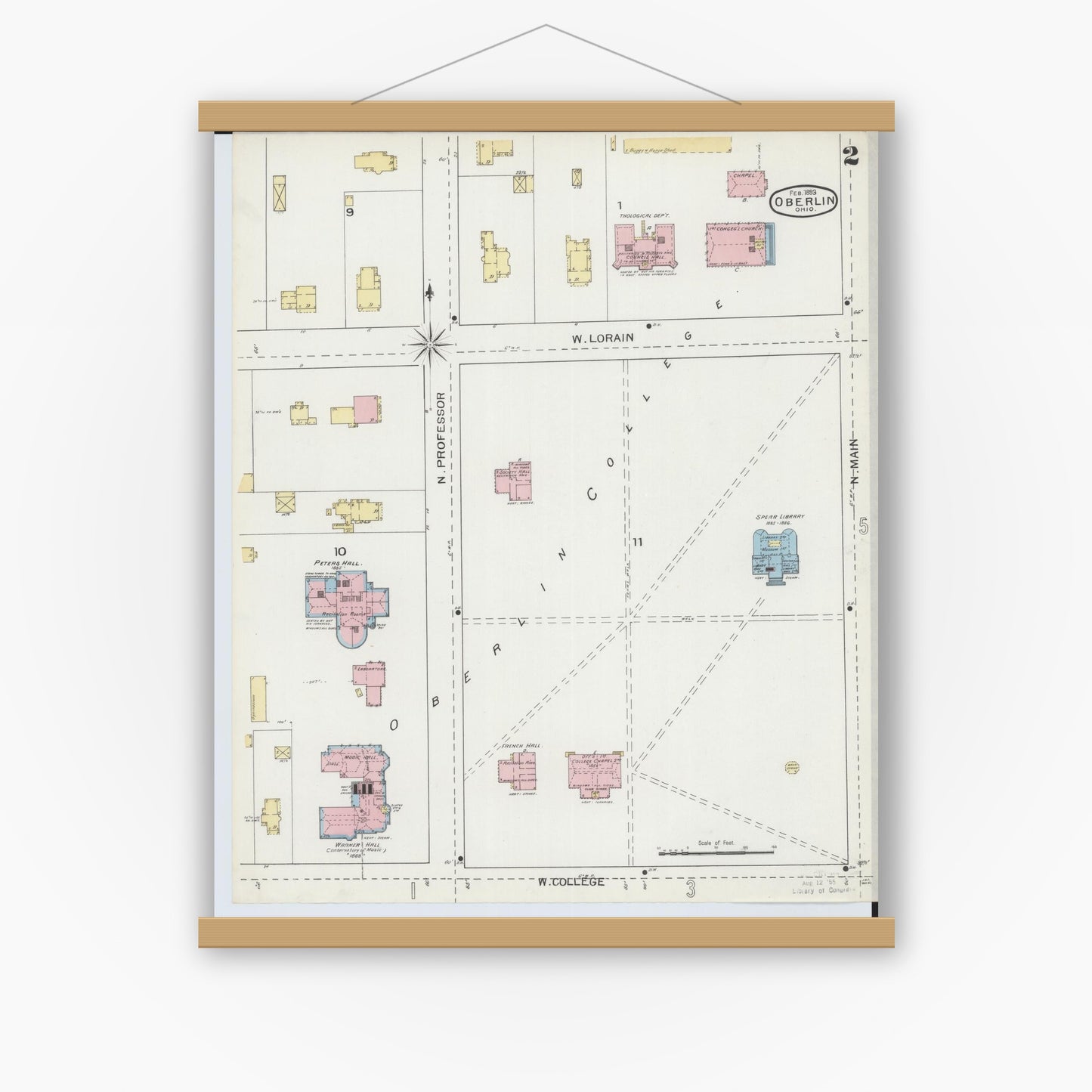 Old map wall art mockup — magnetic wood frame on white wall — Sanborn Fire Insurance Map from Oberlin, Lorain County, Ohio (1893), Sheet #0002