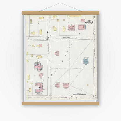 Old map wall art mockup — magnetic wood frame on white wall — Sanborn Fire Insurance Map from Oberlin, Lorain County, Ohio (1893), Sheet #0002