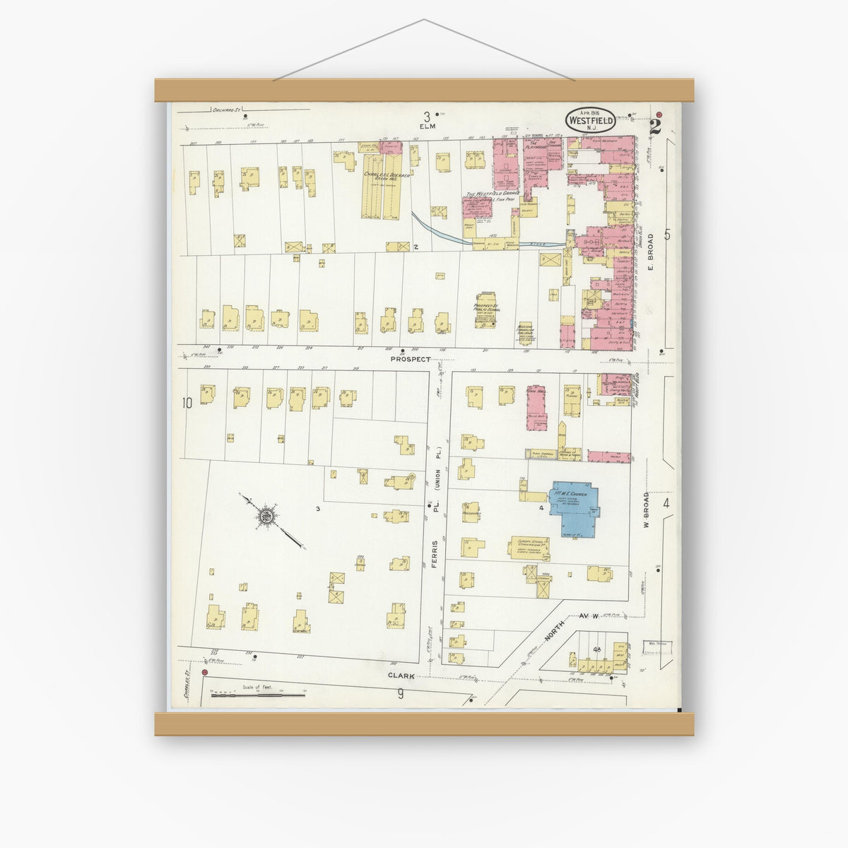 Old map wall art mockup — magnetic wood frame on white wall — Sanborn Fire Insurance Map from Westfield, Union County, New Jersey (1916) - Complete Map Set