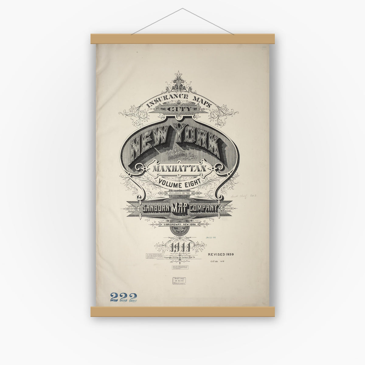 Old map wall art mockup — magnetic wood frame on white wall — Sanborn Fire Insurance Map from New York, Bronx, Manhattan, New York (1939), Sheet #0001