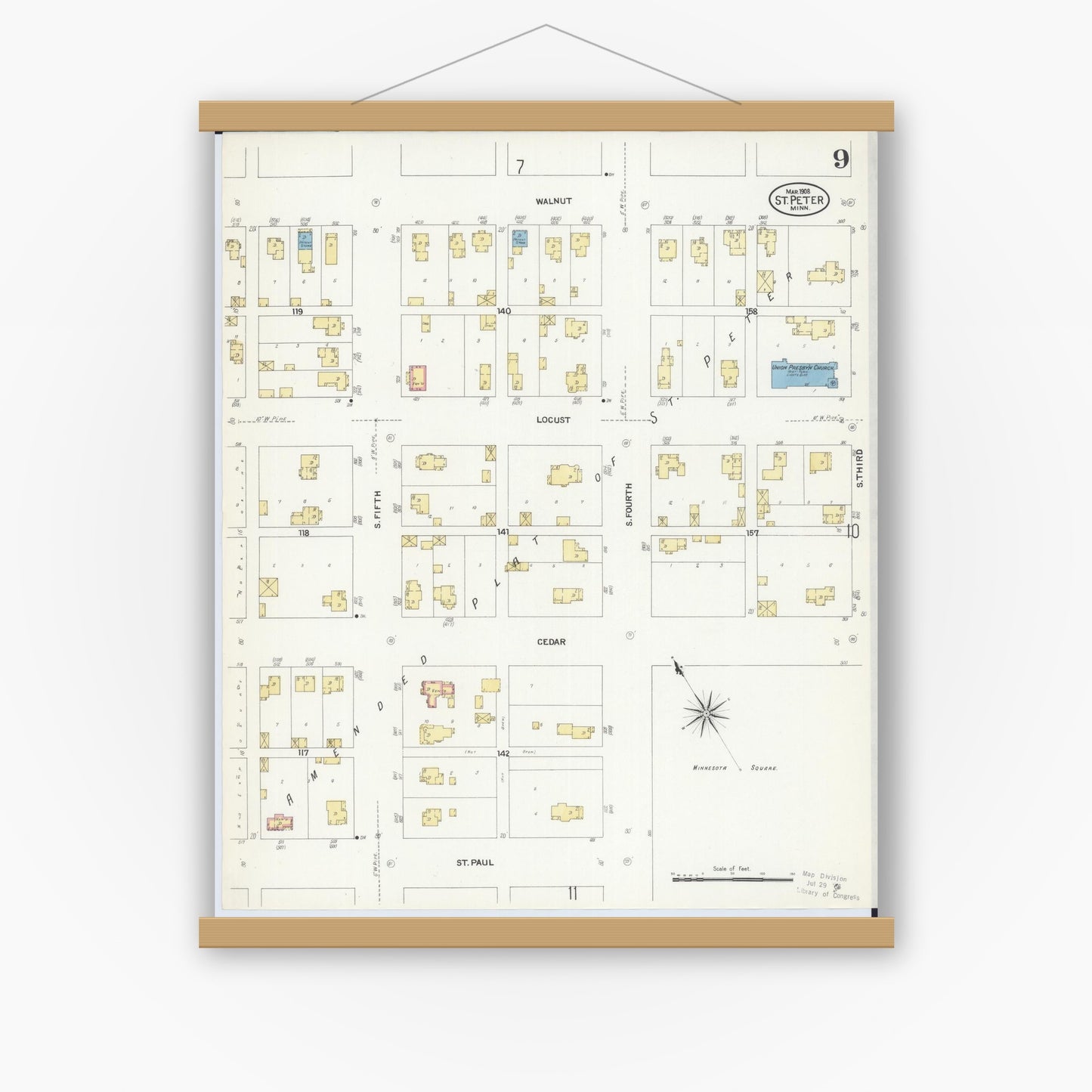 Old map wall art mockup — magnetic wood frame on white wall — Sanborn Fire Insurance Map from Saint Peter, Nicollet County, Minnesota (1908), Sheet #0009