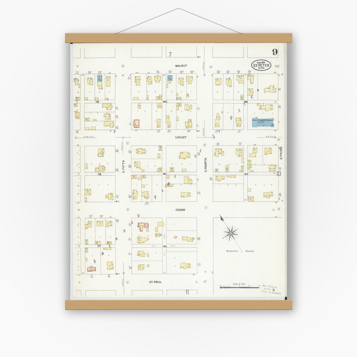 Old map wall art mockup — magnetic wood frame on white wall — Sanborn Fire Insurance Map from Saint Peter, Nicollet County, Minnesota (1908), Sheet #0009