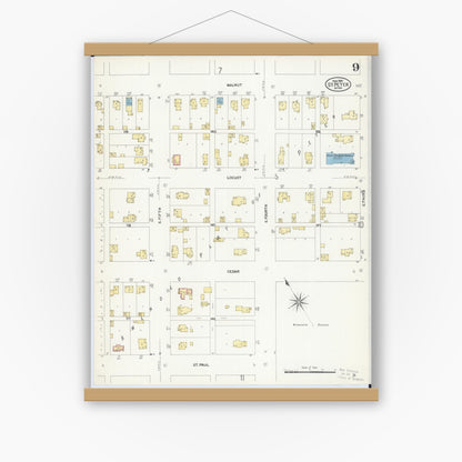 Old map wall art mockup — magnetic wood frame on white wall — Sanborn Fire Insurance Map from Saint Peter, Nicollet County, Minnesota (1908), Sheet #0009