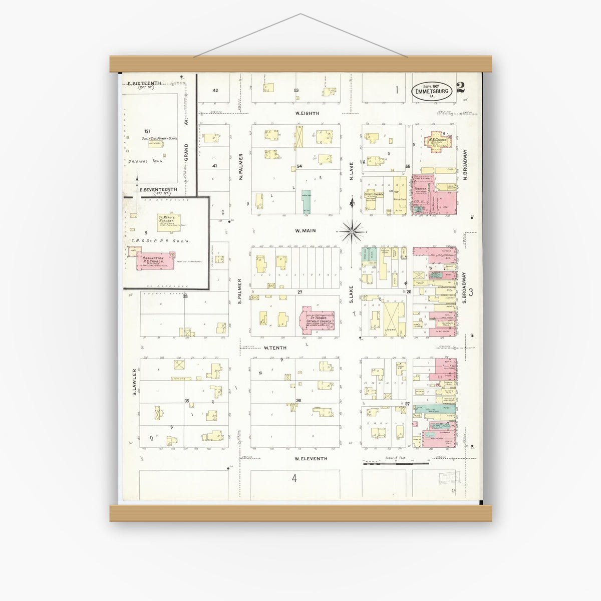 Old map wall art mockup — magnetic wood frame on white wall — Sanborn Fire Insurance Map from Emmetsburg, Palo Alto County, Iowa (1907), Sheet #0002