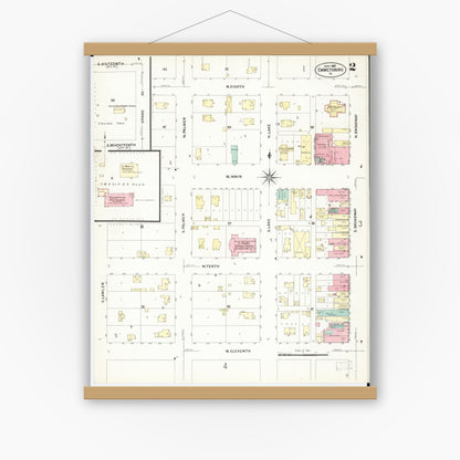 Old map wall art mockup — magnetic wood frame on white wall — Sanborn Fire Insurance Map from Emmetsburg, Palo Alto County, Iowa (1907), Sheet #0002