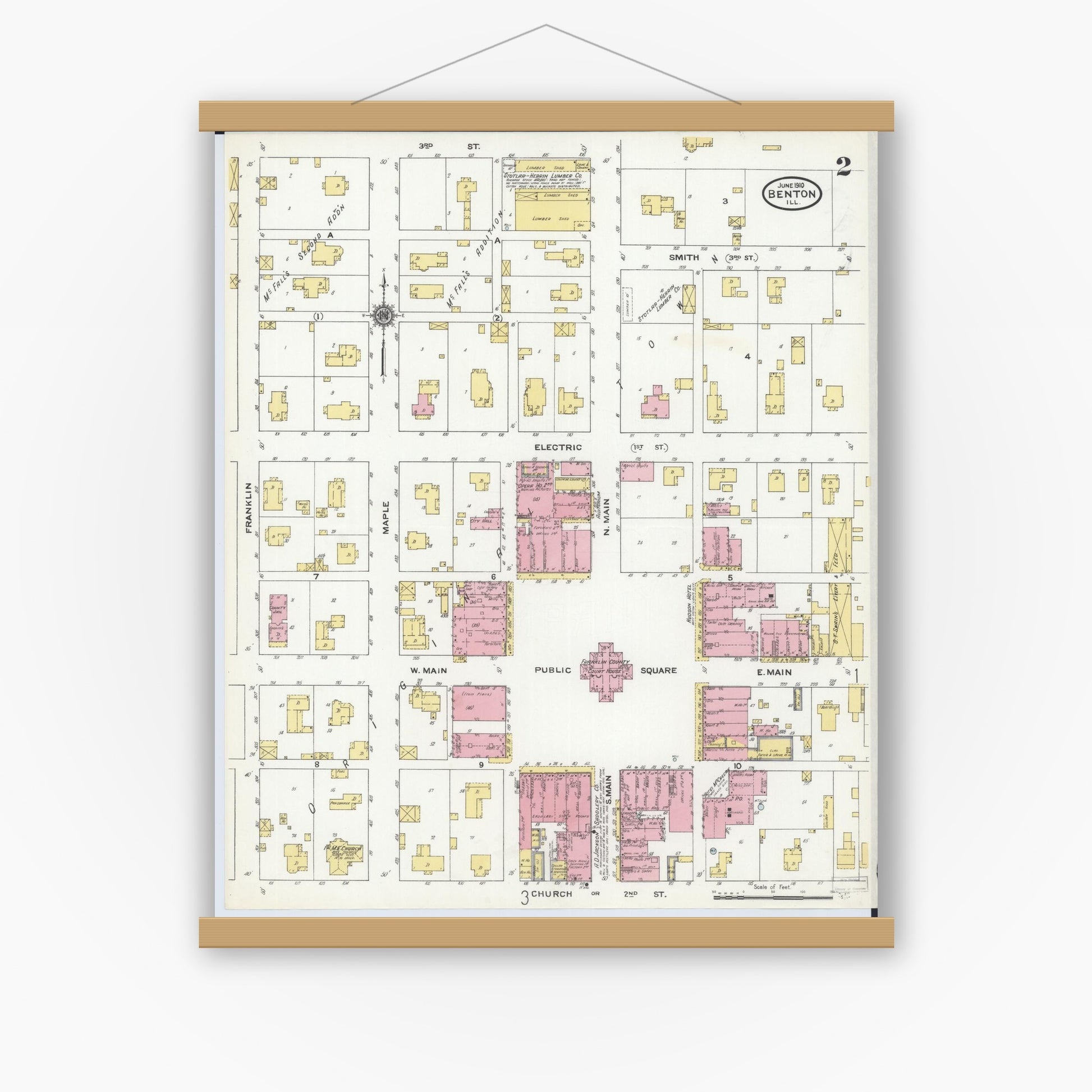 Old map wall art mockup — magnetic wood frame on white wall — Sanborn Fire Insurance Map from Benton, Franklin County, Illinois (1910), Sheet #0002