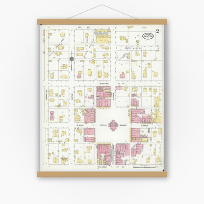 Old map wall art mockup — magnetic wood frame on white wall — Sanborn Fire Insurance Map from Benton, Franklin County, Illinois (1910), Sheet #0002