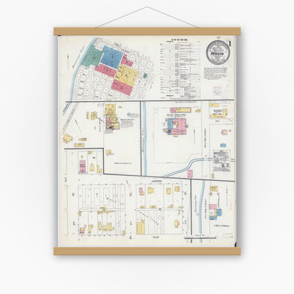 Old map wall art mockup — magnetic wood frame on white wall — Sanborn Fire Insurance Map from Warsaw, Hancock County, Illinois (1906), Sheet #0001