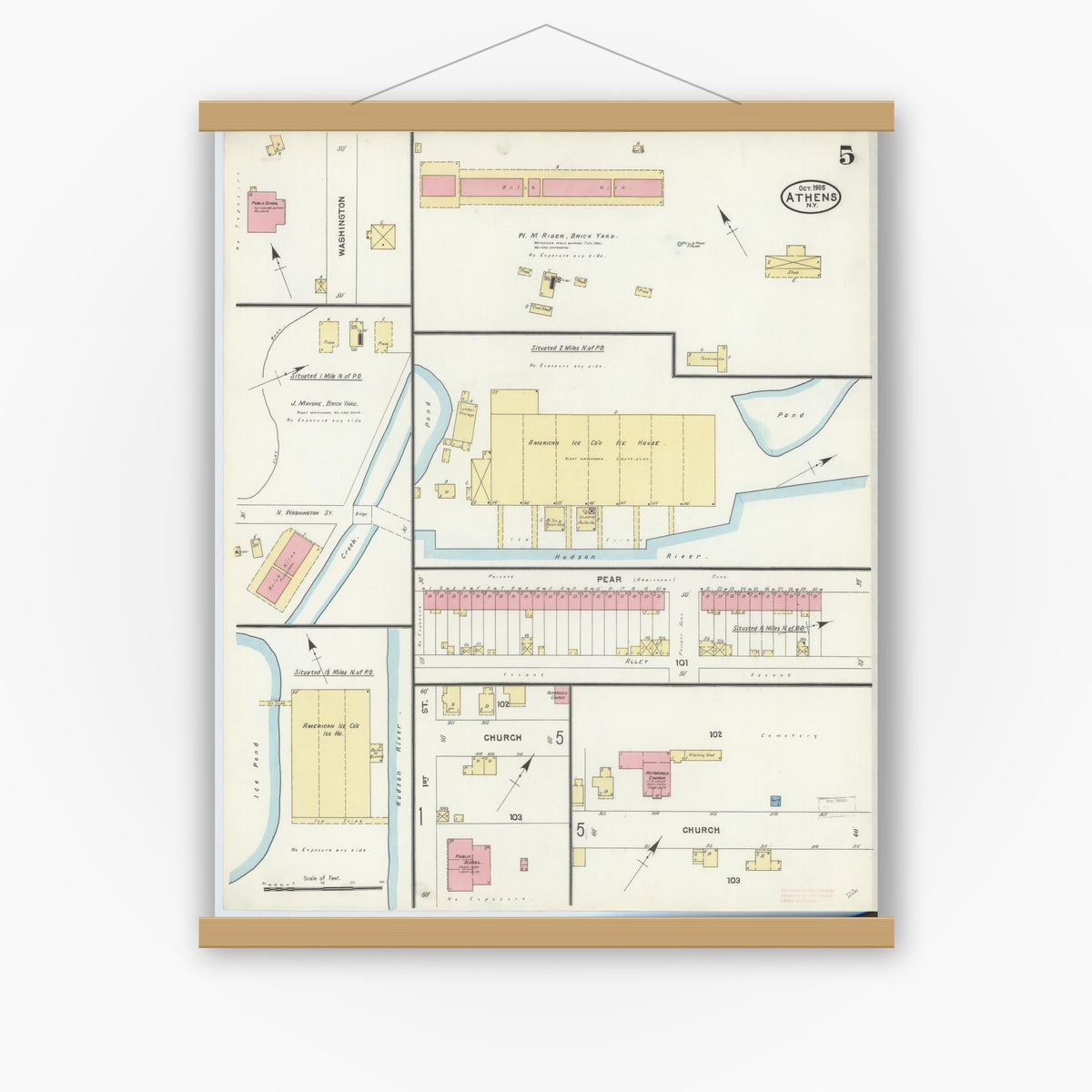 Old map wall art mockup — magnetic wood frame on white wall — Sanborn Fire Insurance Map from Athens, Greene County, New York (1905), Sheet #0005