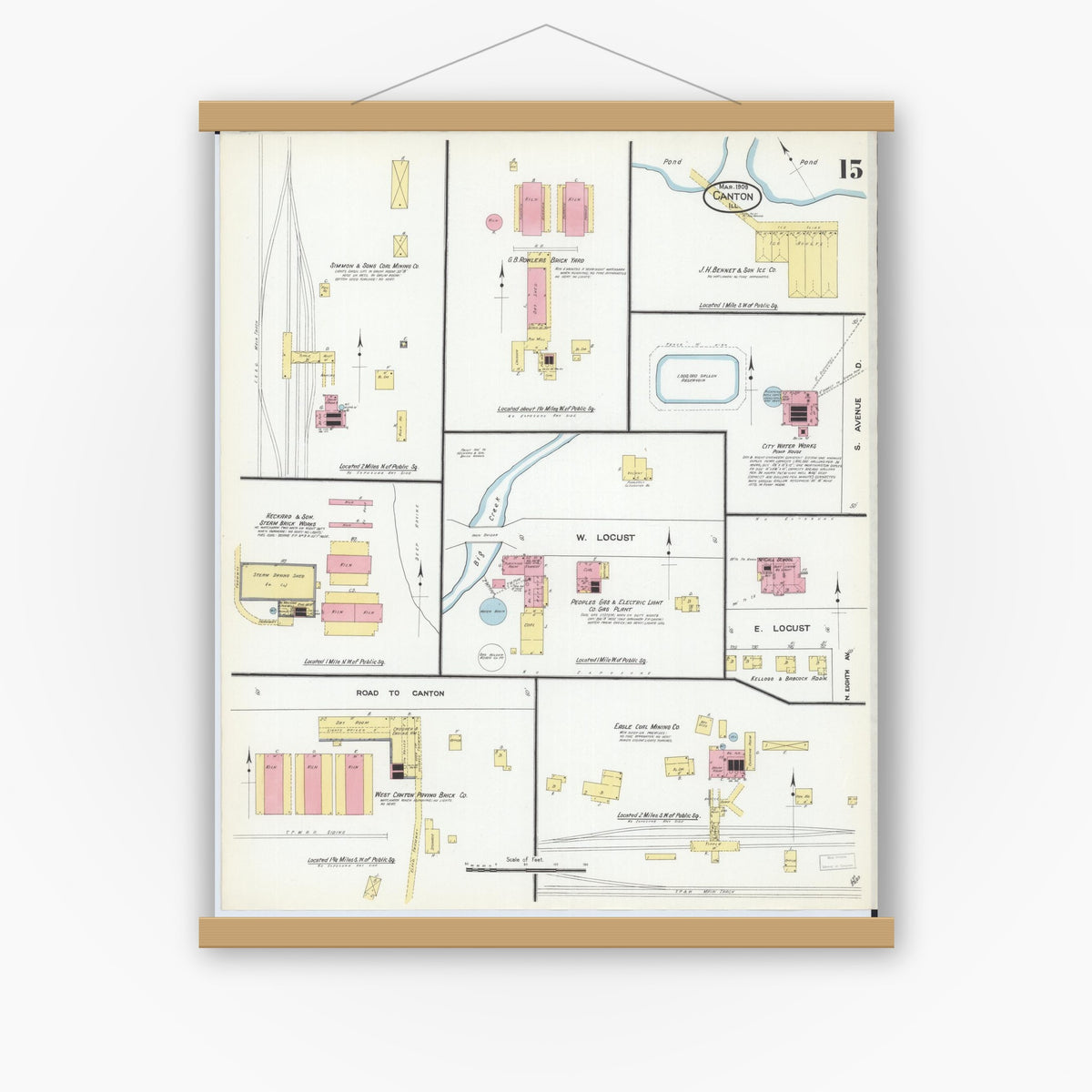 Old map wall art mockup — magnetic wood frame on white wall — Sanborn Fire Insurance Map from Canton, Fulton County, Illinois (1909), Sheet #0015