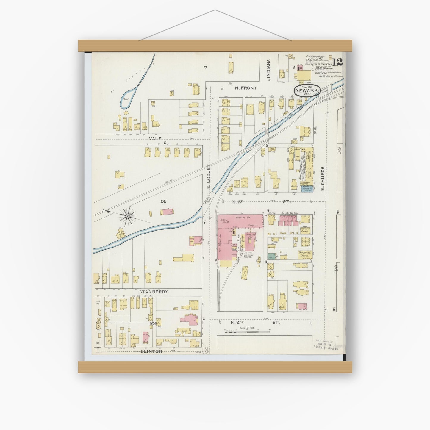 Old map wall art mockup — magnetic wood frame on white wall — Sanborn Fire Insurance Map from Newark, Licking County, Ohio (1893), Sheet #0012