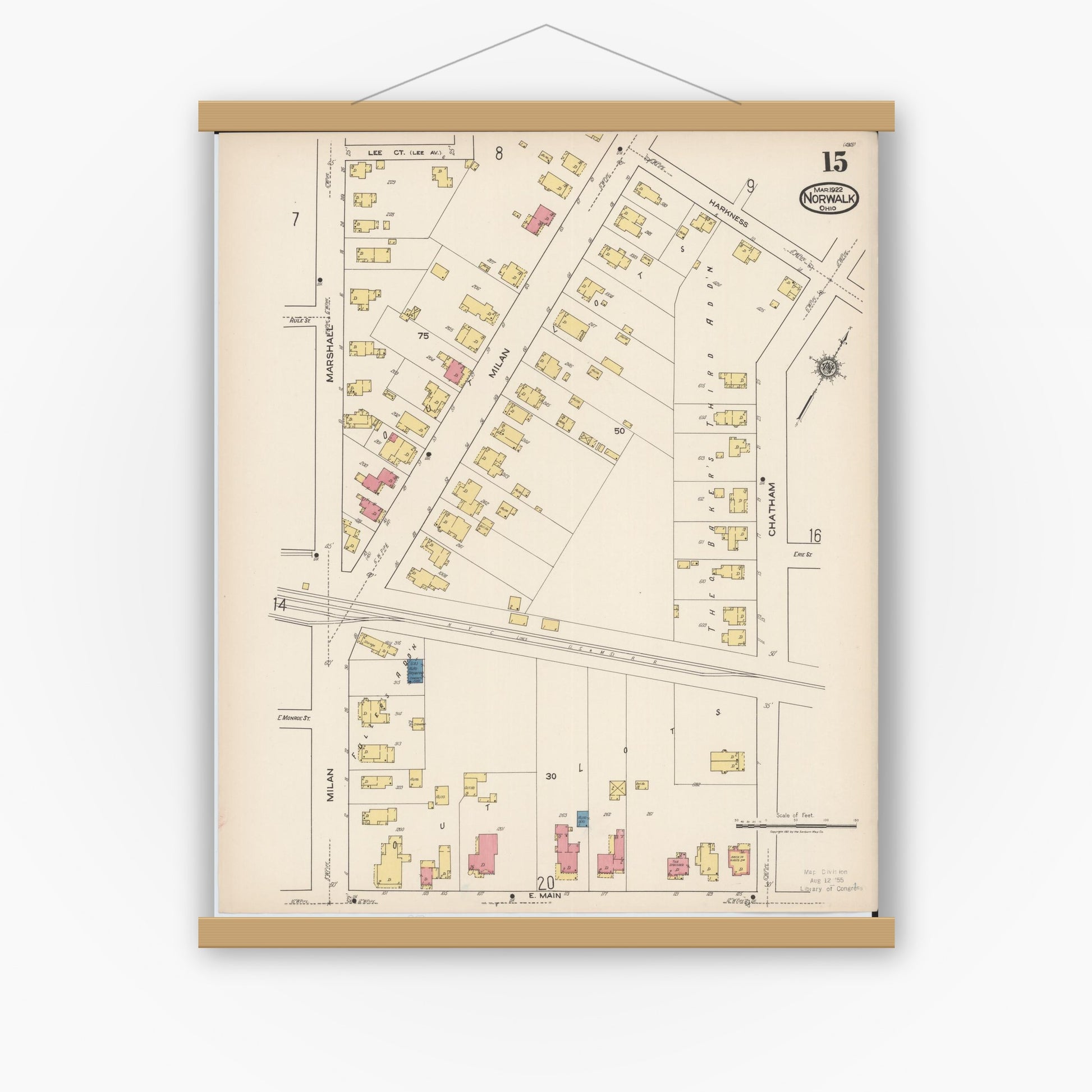 Old map wall art mockup — magnetic wood frame on white wall — Sanborn Fire Insurance Map from Norwalk, Huron County, Ohio (1922), Sheet #0015