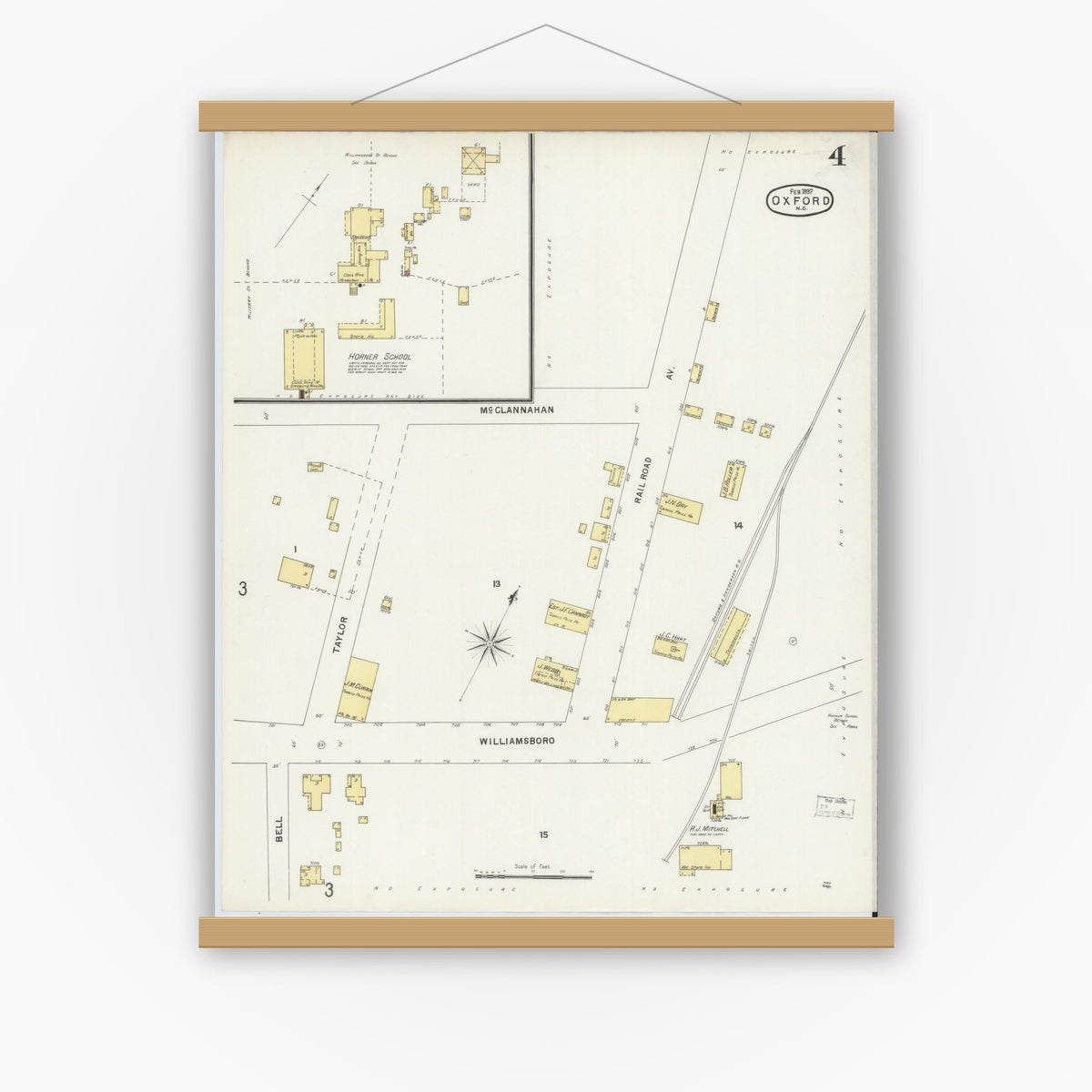 Old map wall art mockup — magnetic wood frame on white wall — Sanborn Fire Insurance Map from Oxford, Granville County, North Carolina (1897), Sheet #0004