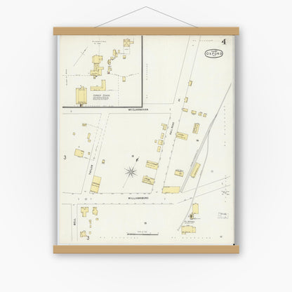 Old map wall art mockup — magnetic wood frame on white wall — Sanborn Fire Insurance Map from Oxford, Granville County, North Carolina (1897), Sheet #0004