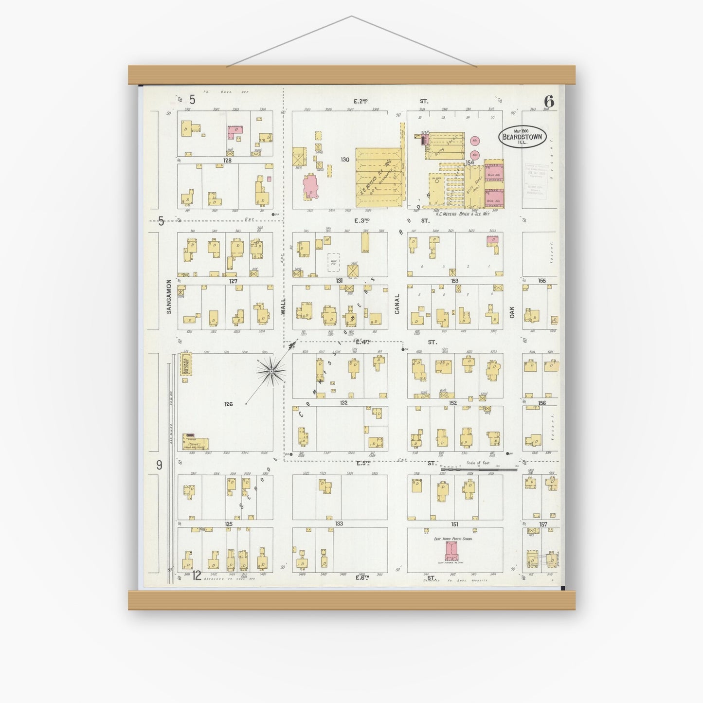 Old map wall art mockup — magnetic wood frame on white wall — Sanborn Fire Insurance Map from Beardstown, Cass County, Illinois (1900), Sheet #0006