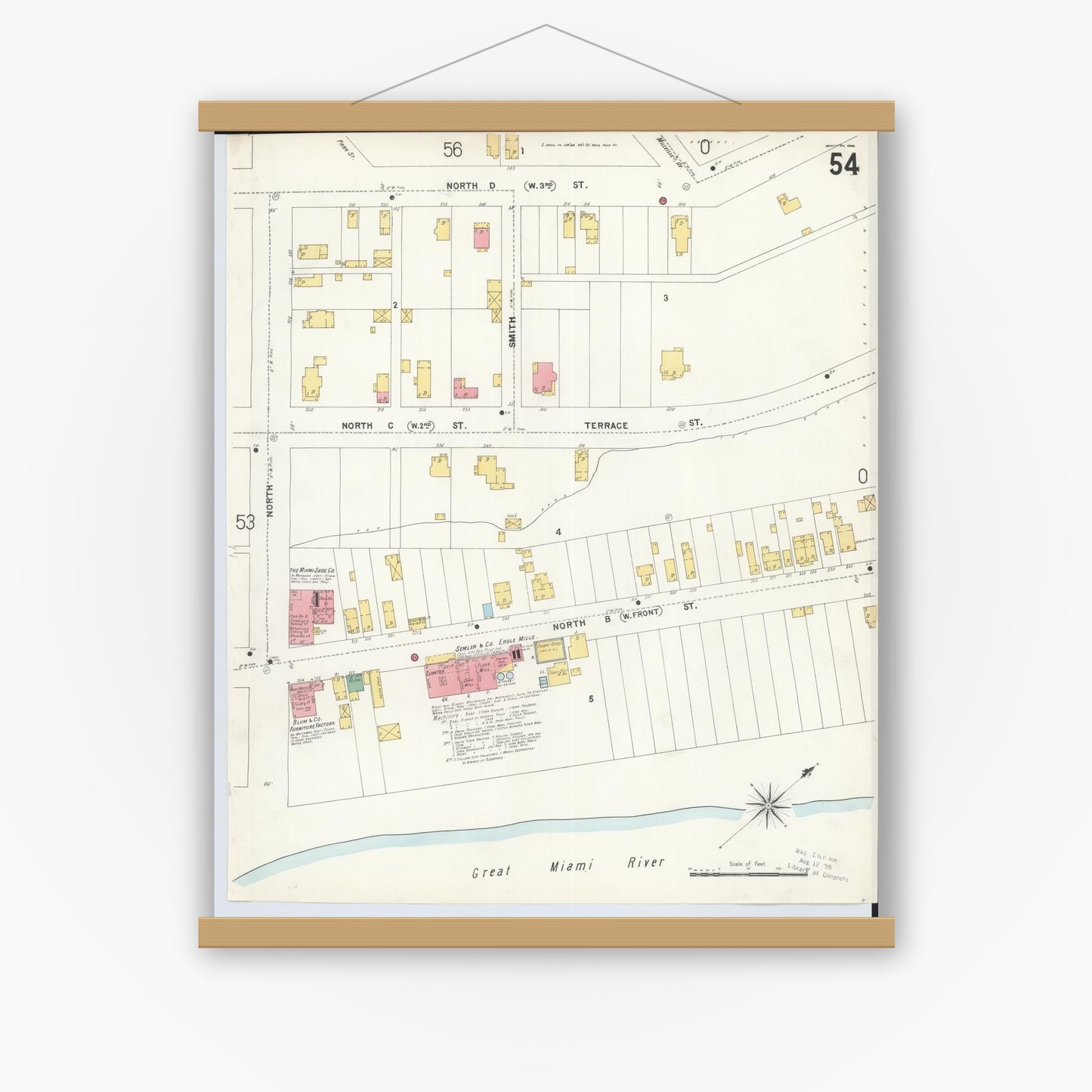 Old map wall art mockup — magnetic wood frame on white wall — Sanborn Fire Insurance Map from Hamilton, Butler County, Ohio (1899), Sheet #0054