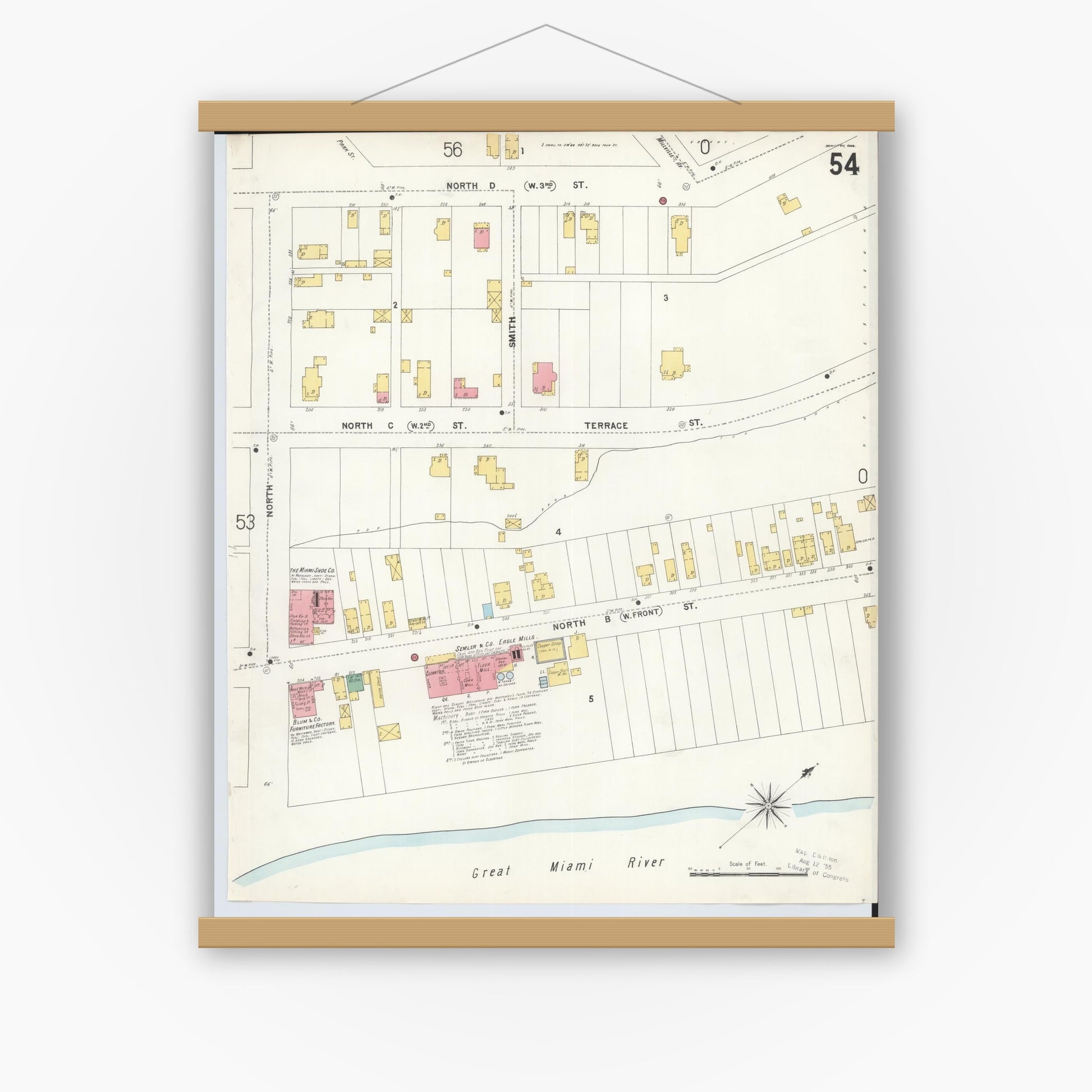Old map wall art mockup — magnetic wood frame on white wall — Sanborn Fire Insurance Map from Hamilton, Butler County, Ohio (1899), Sheet #0054