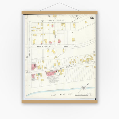 Old map wall art mockup — magnetic wood frame on white wall — Sanborn Fire Insurance Map from Hamilton, Butler County, Ohio (1899), Sheet #0054