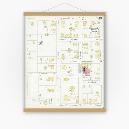 Old map wall art mockup — magnetic wood frame on white wall — Sanborn Fire Insurance Map from Marshall, Harrison County, Texas (1909), Sheet #0013
