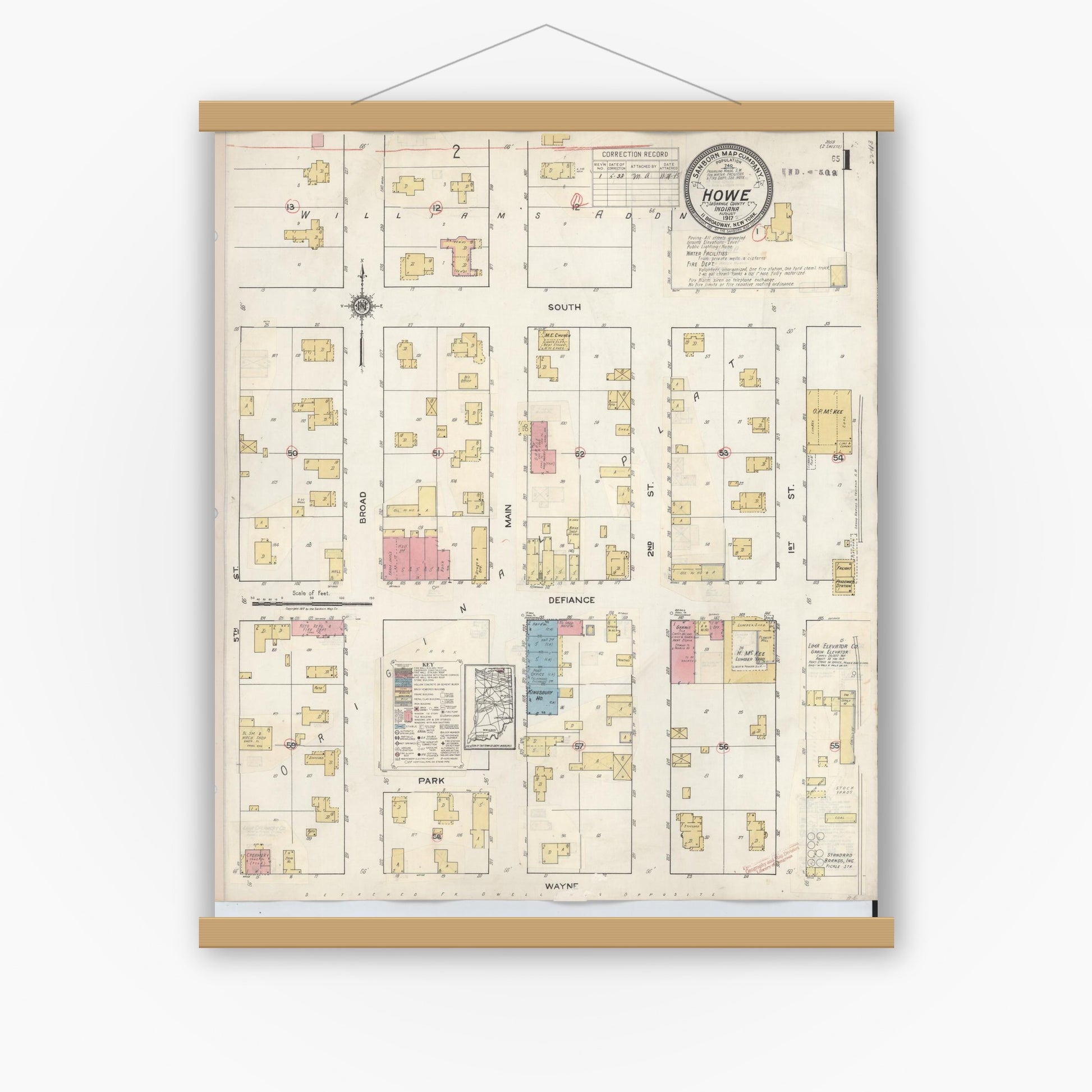 Old map wall art mockup — magnetic wood frame on white wall — Sanborn Fire Insurance Map from Howe, LaGrange County, Indiana (1933), Sheet #0001