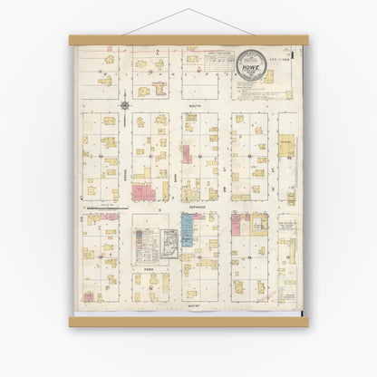 Old map wall art mockup — magnetic wood frame on white wall — Sanborn Fire Insurance Map from Howe, LaGrange County, Indiana (1933), Sheet #0001