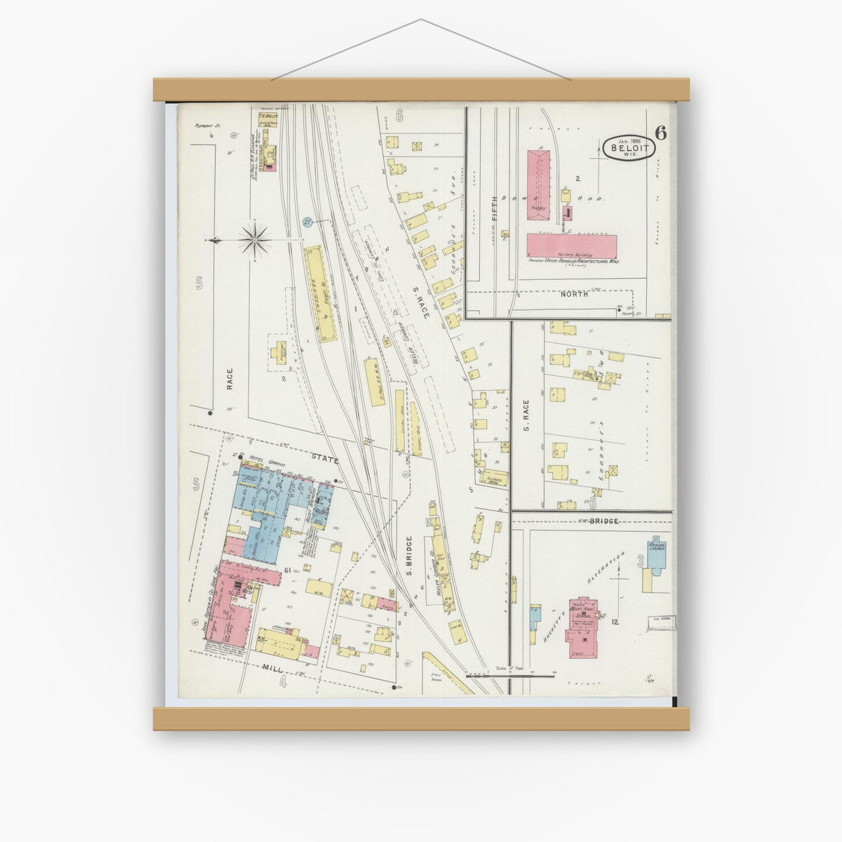 Old map wall art mockup — magnetic wood frame on white wall — Sanborn Fire Insurance Map from Beloit, Rock County, Wisconsin (1895), Sheet #0006