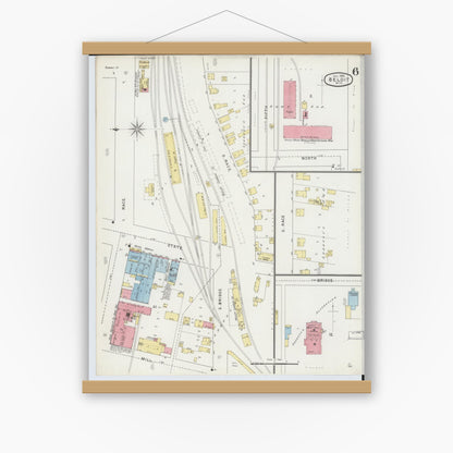 Old map wall art mockup — magnetic wood frame on white wall — Sanborn Fire Insurance Map from Beloit, Rock County, Wisconsin (1895), Sheet #0006