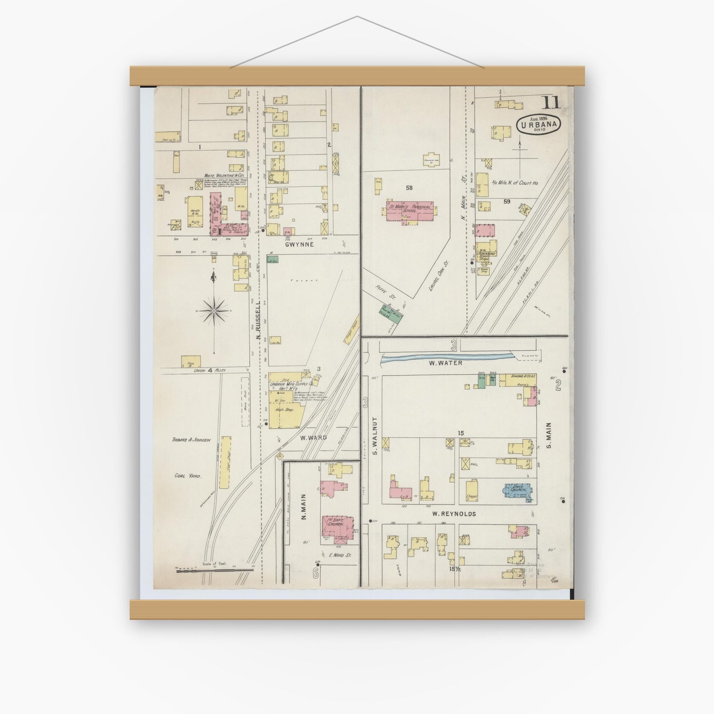 Old map wall art mockup — magnetic wood frame on white wall — Sanborn Fire Insurance Map from Urbana, Champaign County, Ohio (1895), Sheet #0011