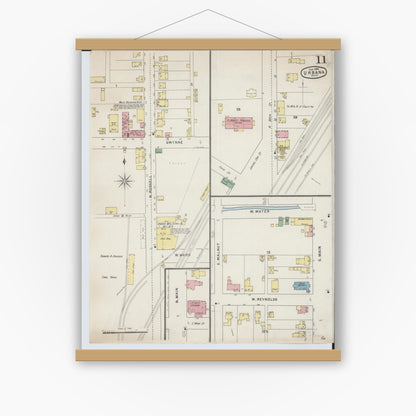 Old map wall art mockup — magnetic wood frame on white wall — Sanborn Fire Insurance Map from Urbana, Champaign County, Ohio (1895), Sheet #0011