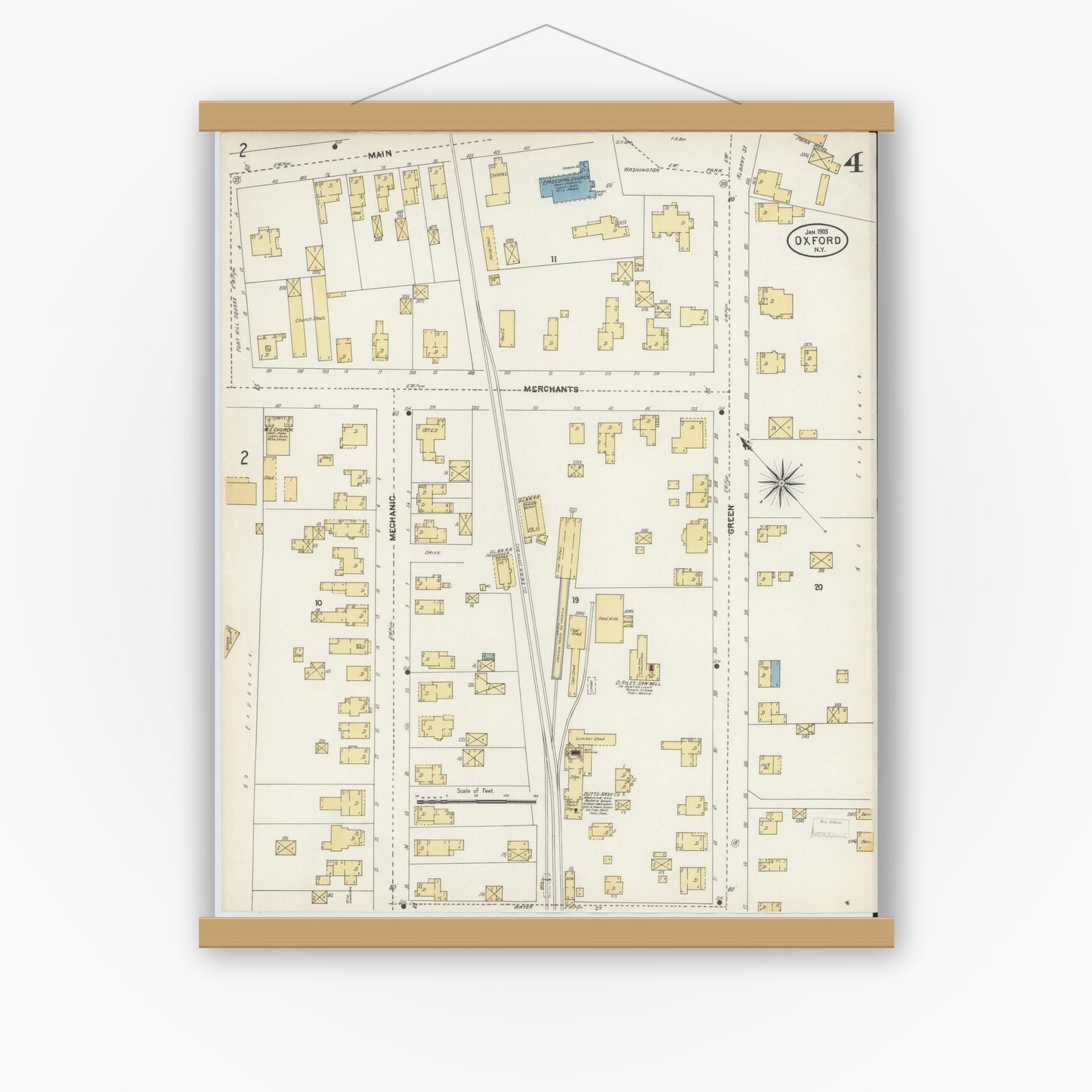 Old map wall art mockup — magnetic wood frame on white wall — Sanborn Fire Insurance Map from Oxford, Chenango County, New York (1903), Sheet #0004
