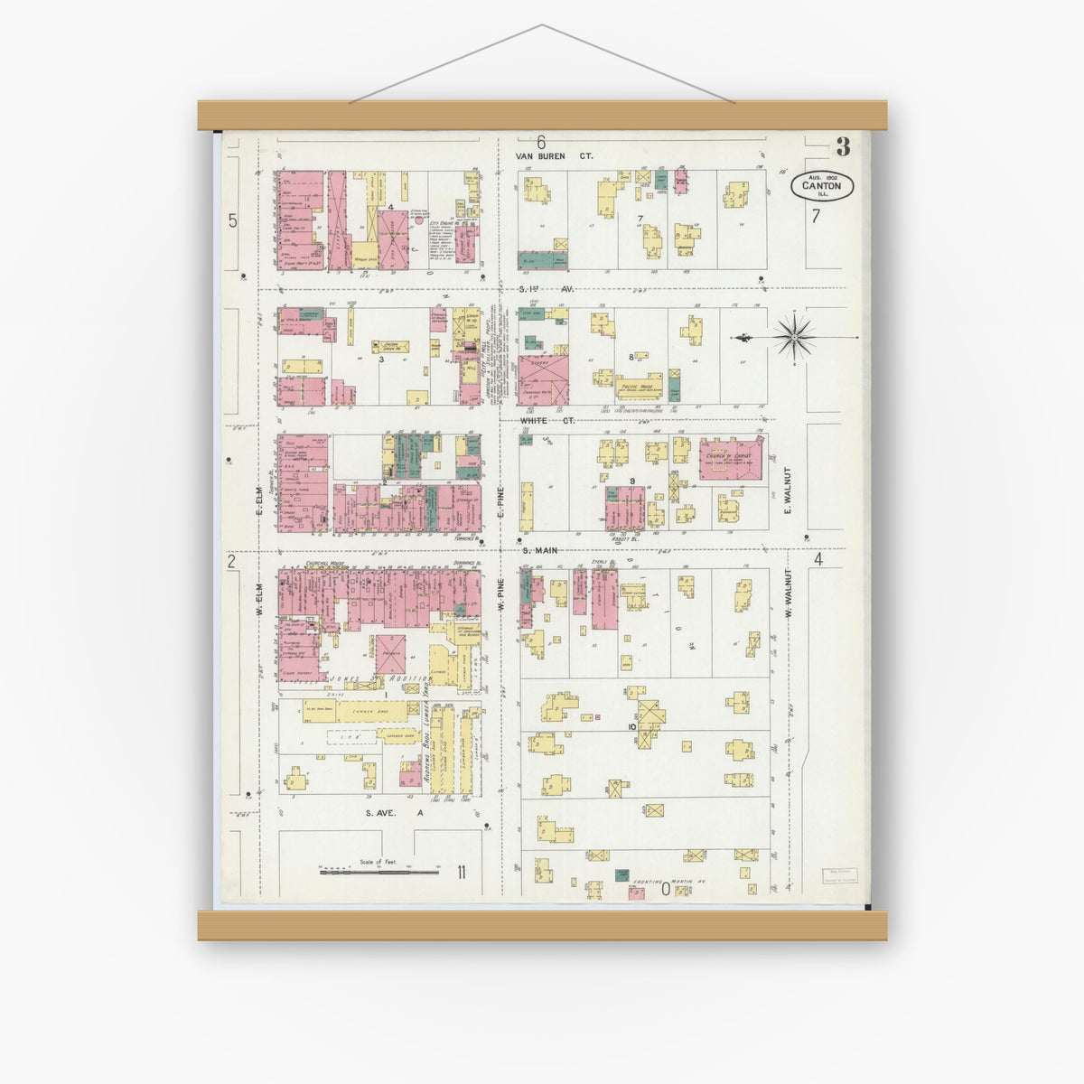 Old map wall art mockup — magnetic wood frame on white wall — Sanborn Fire Insurance Map from Canton, Fulton County, Illinois (1902), Sheet #0003