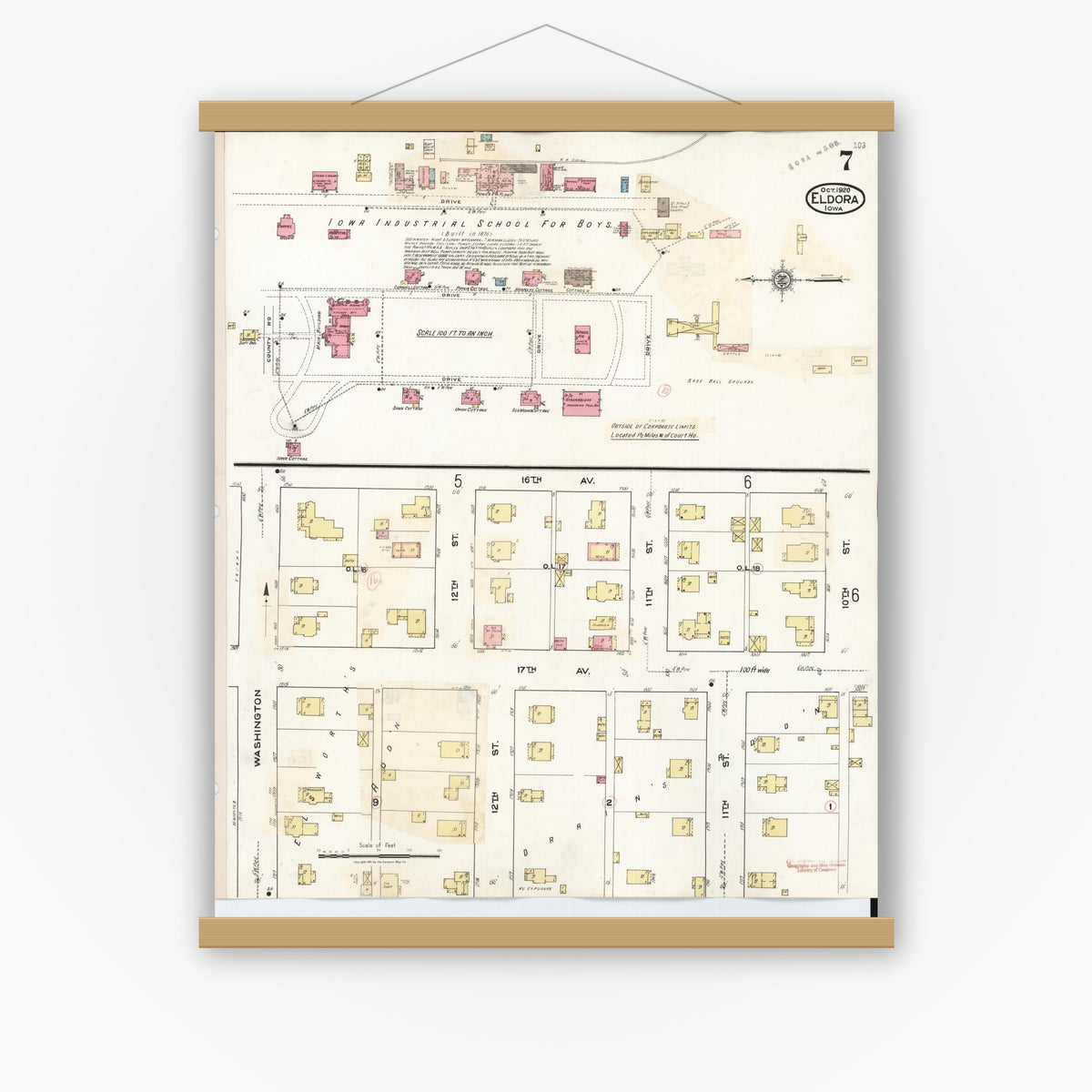 Old map wall art mockup — magnetic wood frame on white wall — Sanborn Fire Insurance Map from Eldora, Hardin County, Iowa (1940), Sheet #0007