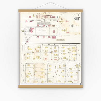 Old map wall art mockup — magnetic wood frame on white wall — Sanborn Fire Insurance Map from Eldora, Hardin County, Iowa (1940), Sheet #0007