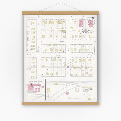 Old map wall art mockup — magnetic wood frame on white wall — Sanborn Fire Insurance Map from Luverne, Rock County, Minnesota (1913), Sheet #0006