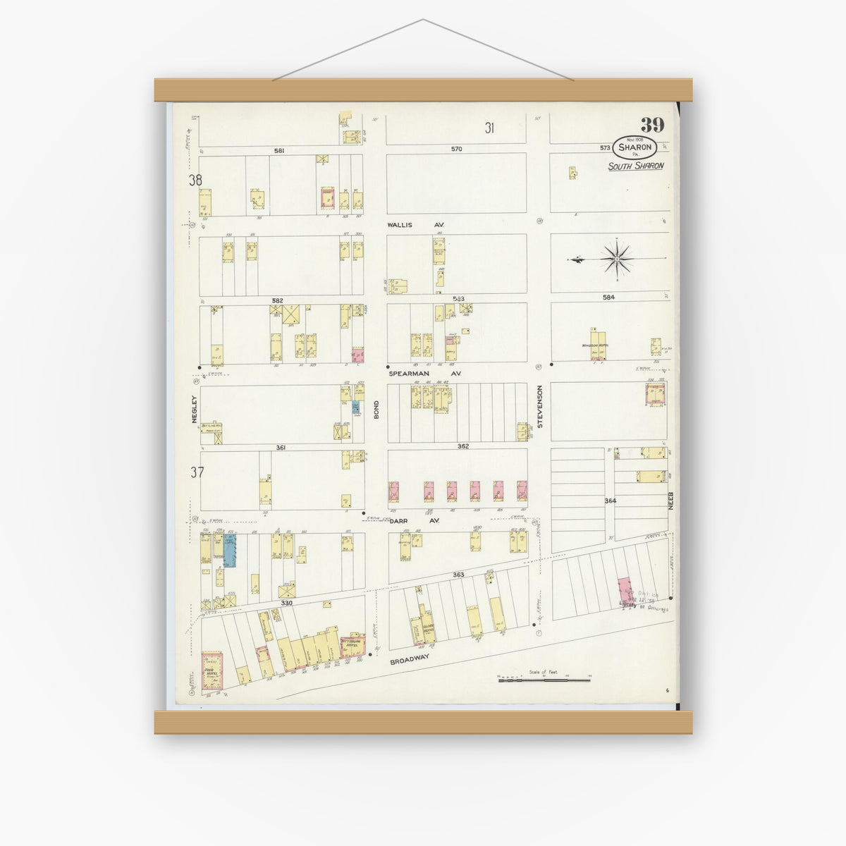 Old map wall art mockup — magnetic wood frame on white wall — Sanborn Fire Insurance Map from Sharon, Mercer County, Pennsylvania (1908), Sheet #0039